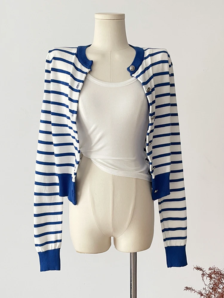 

Korean Sle round Ne Striped Knitted Open Cardigan Women's Spring New Loose Slimming Long Sve Ladies Outerwear