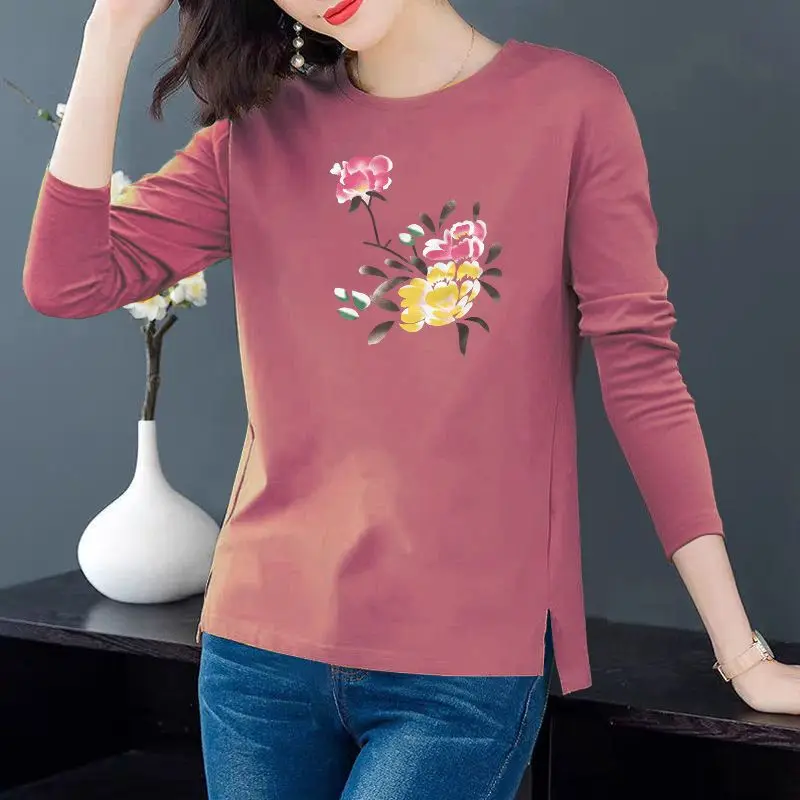 Long Sleeve Tees Shirt Women Tunic Tops Loose Casual Female T Shirt Clothes Split Plus Size Ladies Round collar Graphic Pullover