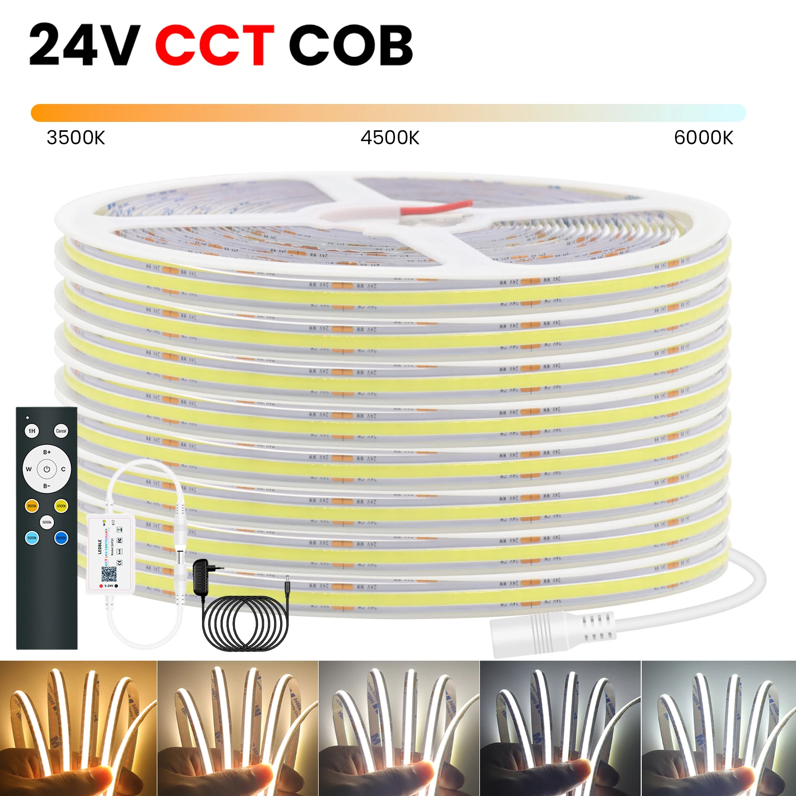 CCT COB LED 24V with Remote Control Power Plug Kit 2700K to 6500K 480LEDs High Density Flexible Tape Strip Light Linear Lighting