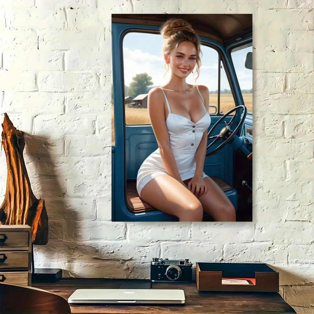 

Retro Metal Tin Sign - Blonde in White Dress by Vintage Car, 2D Modern Wall Art Poster for Living Room, Bedroom, Kitchen Decor.
