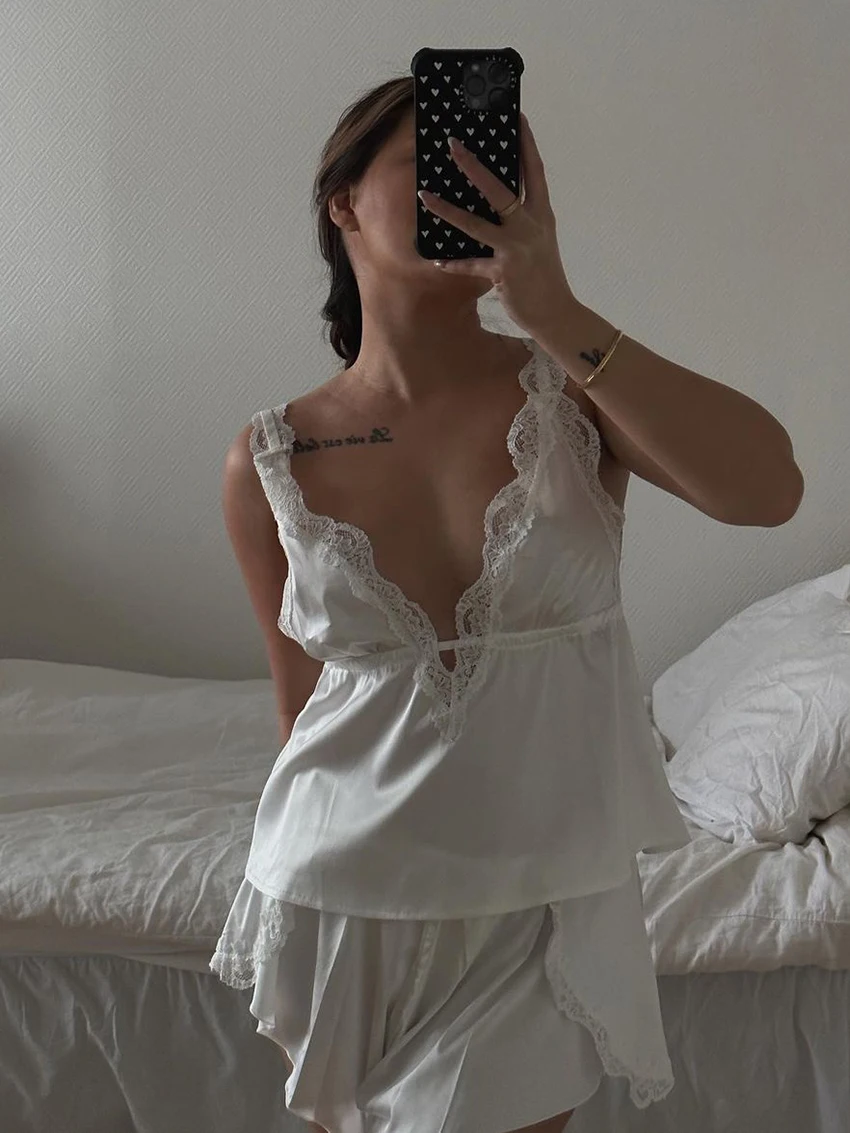 Marthaqiqi Lace Home Clothes Women Sexy V-Neck Sleepwear Tank Tops Nightgown Backless Nightie Shorts Causal Ladies Nightwear Set