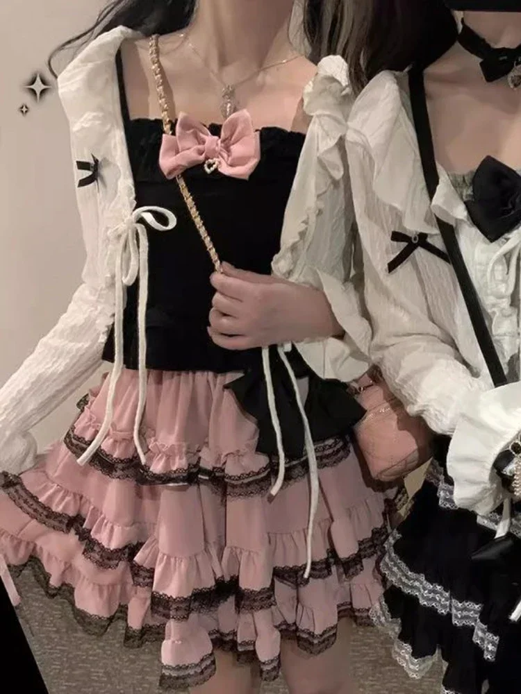 Saia gótica lolita rosa para mulheres, saia y2k, renda preta, saia kawaii doce japonesa, estilo retro coreano feminino, minissaia de festa, outono