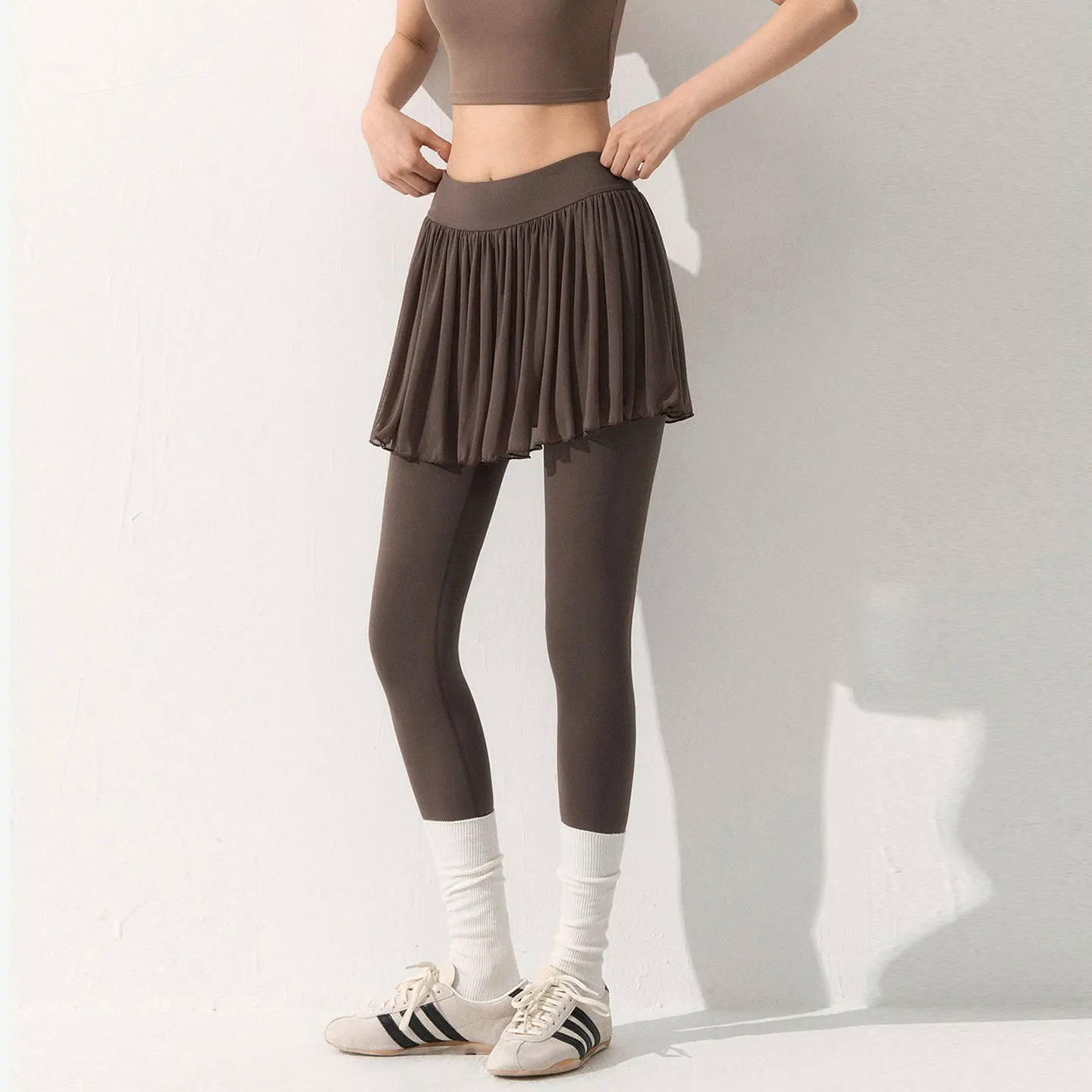 Fake Two-piece Sports Leggings Skirt Women with Mesh High Waist Covering Buttocks Running Fitness Pants Pilates Yoga Pants