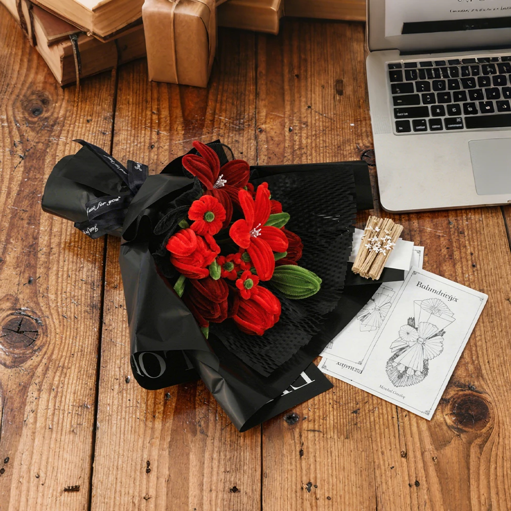 176pcs Red Tulip Lily Bouquet Set, Including Pipe Cleaners, Floral Stems, Tape, Glue Sticks, Cards, DIY Craft Supplies image 4