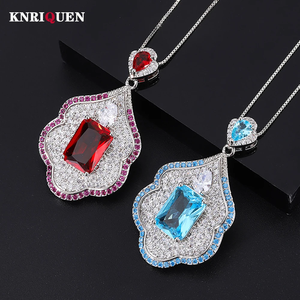 

Charms 10*14MM Ruby Aquamrine Pendant Necklace for Women Luxury Lab Diamond Cocktail Party Fine Jewelry Accessories Ladies Gift