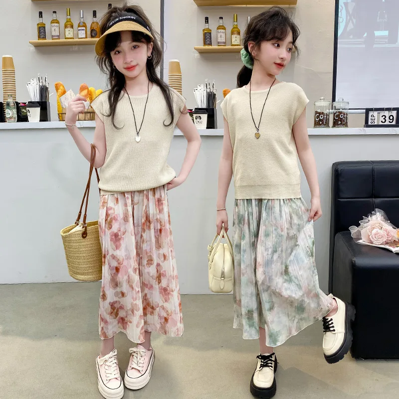 Girls Suits Summer Wide-leg Pants Set 2024 New Style Women Silk Sleeveless Vest Anti-mosquito Pants Two-piece Set Clothes