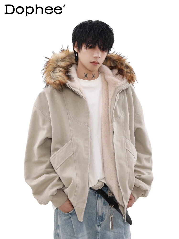 Male Fashion Retro Fur Collar Detachable Thickened Cotton Clothes Men's 2024 Winter New Parkas Trendy Male Loose Warm Jackets