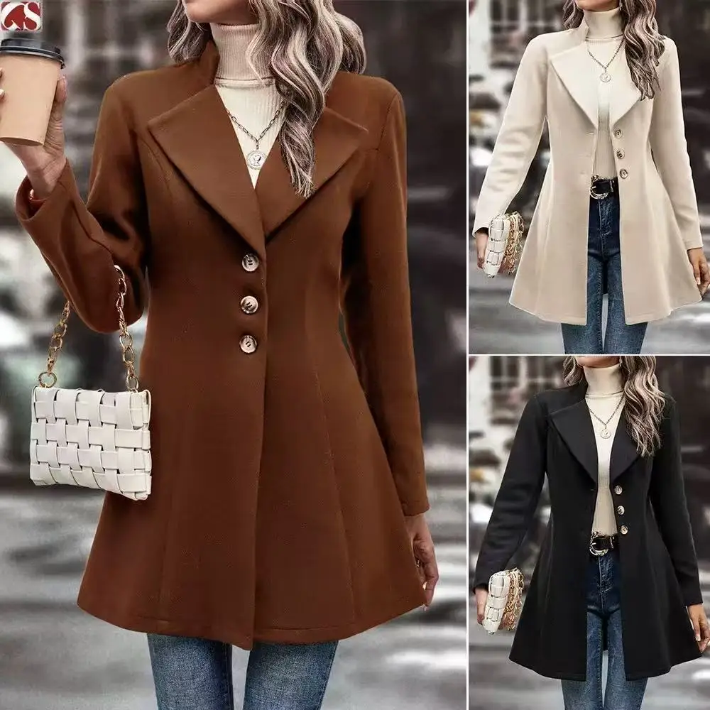 Elegant City Style Women Stand Collar Wool Blend Overcoat Mid‑Long Slim Fit Warm Solid Female Autumn Winter Business Wool Coat