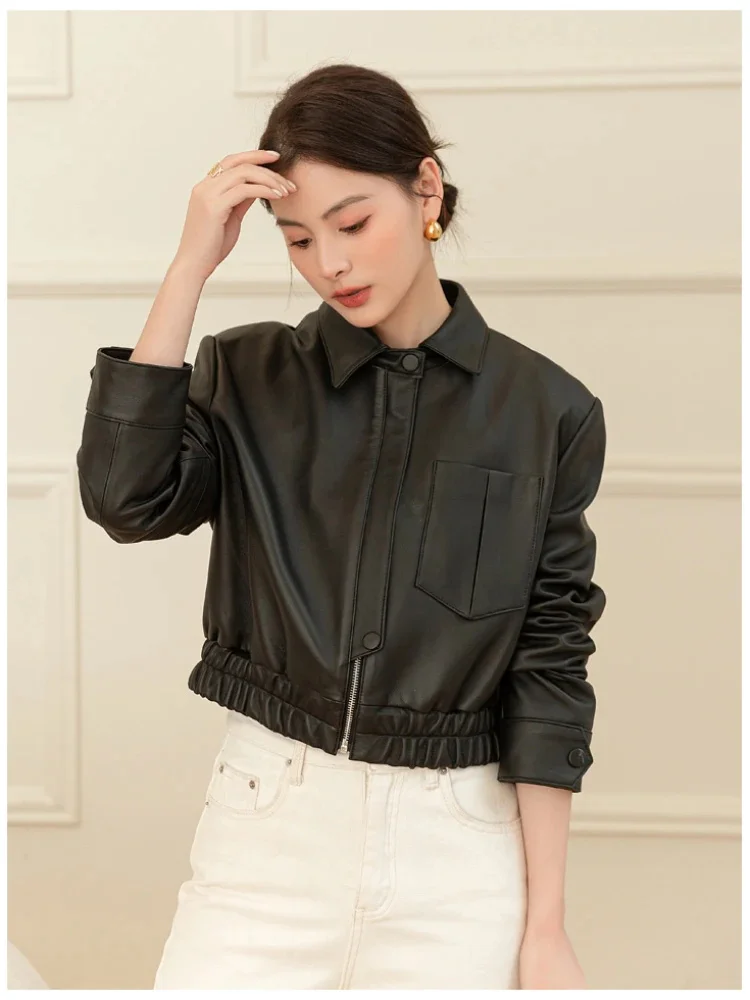 Lambskin Cropped Jacket for Women Spring Autumn 2024 Trend High-end Simple Casual Motorcycle Genuine Leather Coats