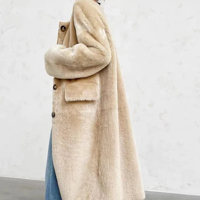 Genuine Leather and Fur Coat Women Winter Fashion Sheep Shearing O-Neck Loose Slim Simple Coffe/Camel Long Maomaokong Fur Jacket