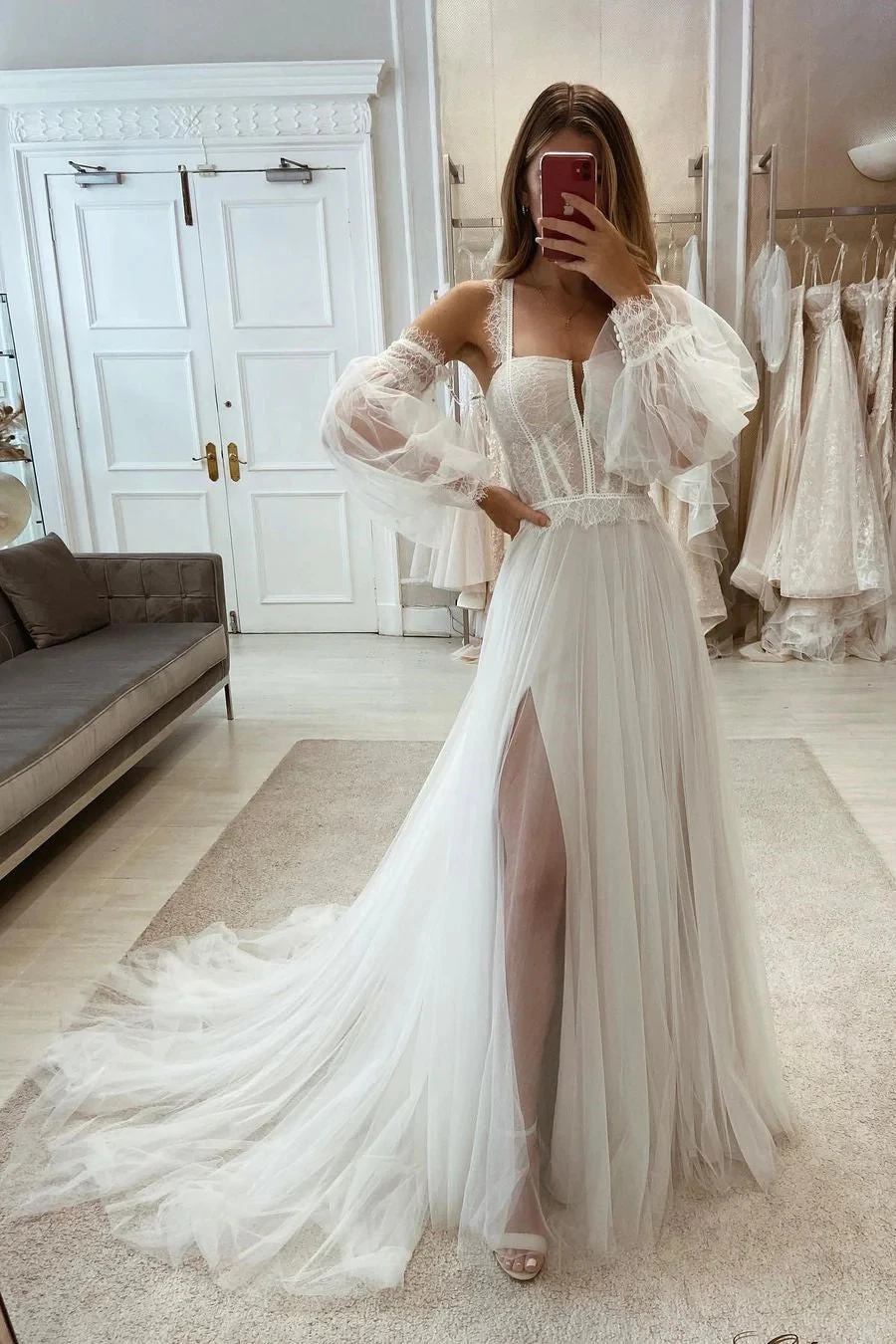 2023 Gorgeous Women's High Fork Off Shoulder Wedding Dresses Shiny String Elegant Sweetheart A-Line Princess Bridal Gowns Formal