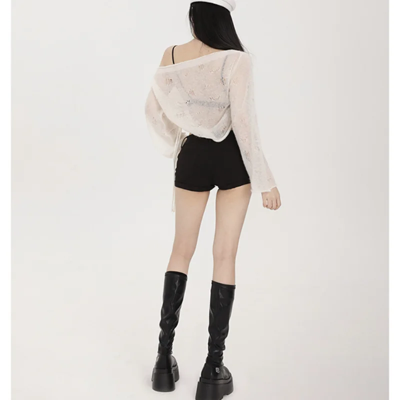 Summer New Long-sleeved Sweater for Women Ultra-transparent Air-conditioned Lightweight Blouse One-shoulder Wrinkle Adjustment
