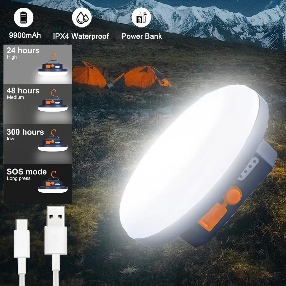 

10000 мАч перезаряжаемый фонарь для кемпинга, светодиодный фонарь для кемпинга, портативный светильник для кемпинга, IP65, водонепроницаемый светильник для палатки, аварийные источники питания