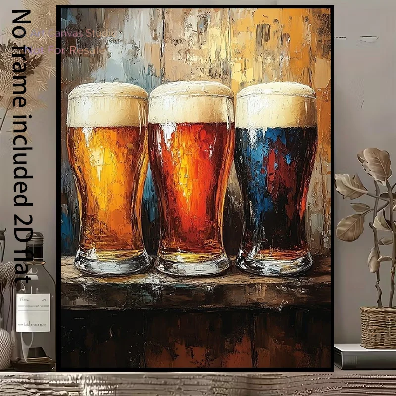 2D Flat, [2D Flat] 1pc Decorative Canvas Painting - Three Beers Canvas Art, Featuring Colorful Beer Liquid and Foam on a Wood
