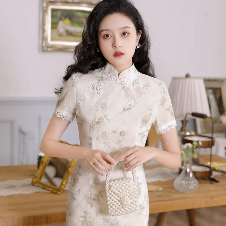 

Women Chinese Traditional Dress Elegant Lace Patchwork Cheongsam Summer Chiffon Vestidos Short Sleeve Sexy Slim Qipao Dresses