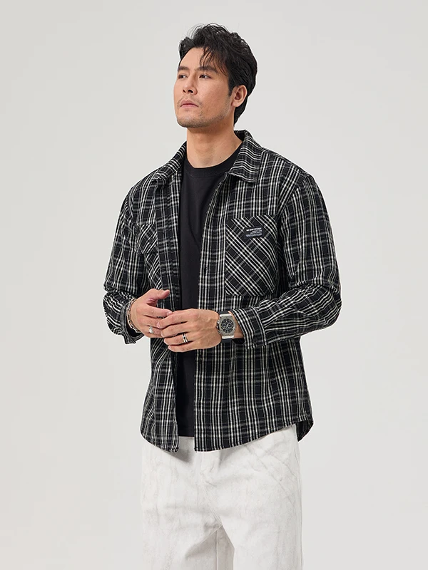 

Spring Autumn Plaid Long Sve Men's irt Loose Casual Sle Japanese Retro High Street Cool Brand Denim Outerwear