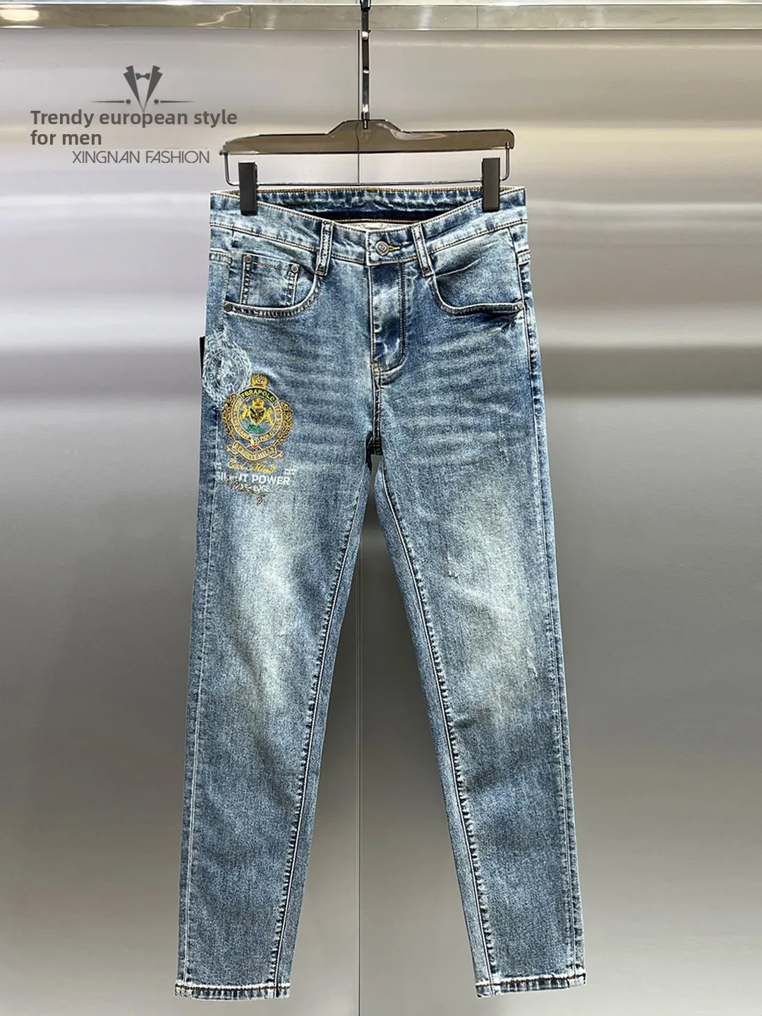 

Spring Summer Trendy Embroidered Jeans Men Light Blue Waed Slim Fit Elastic Ankle-Length Pants Comfortable Breathable Cotton