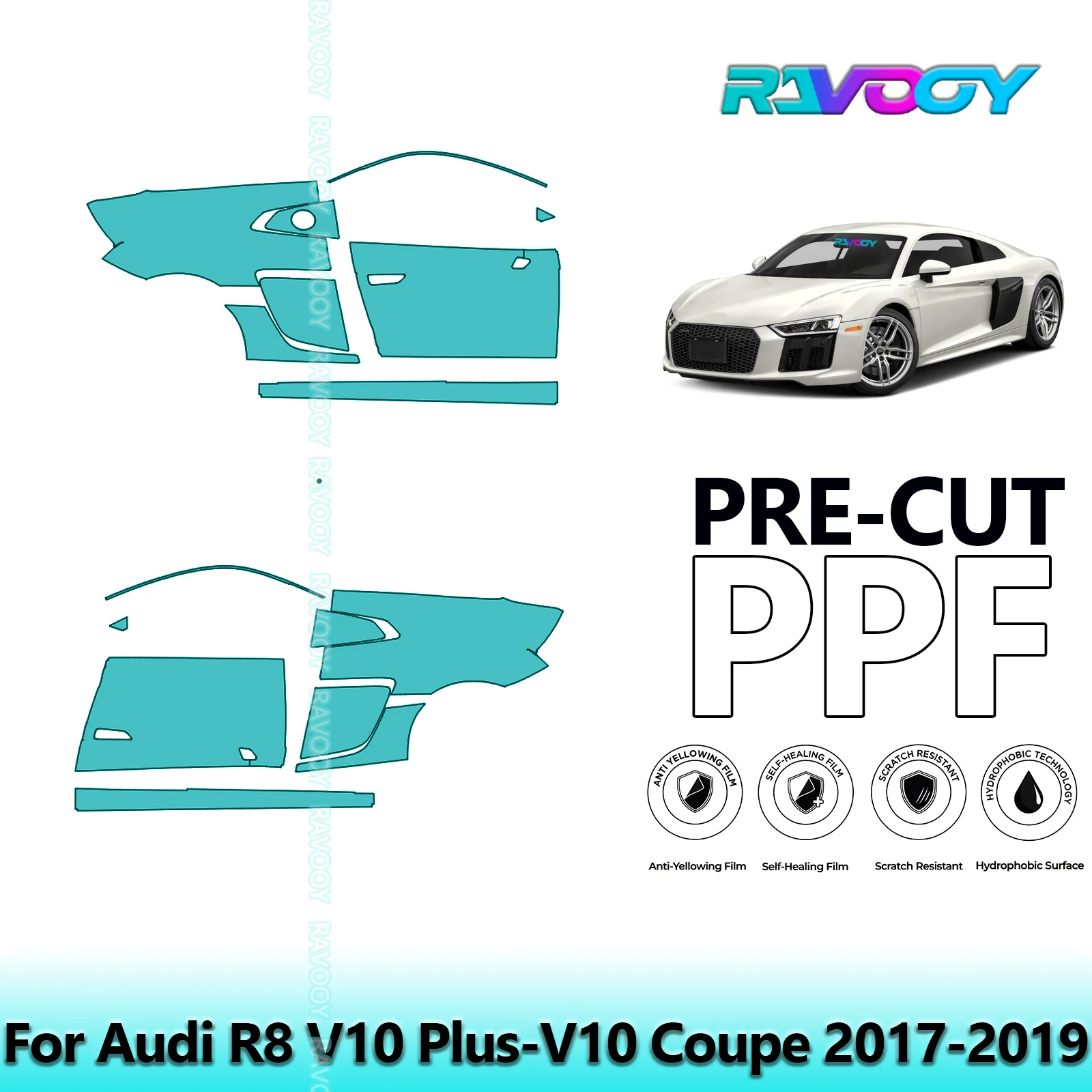 

For Audi R8 V10 Plus-V10 Coupe 2017-2019 8.5mil Clear Matte Pre-Cut PPF Door & A/B Pillar Kit TPU Paint Protection Film Set
