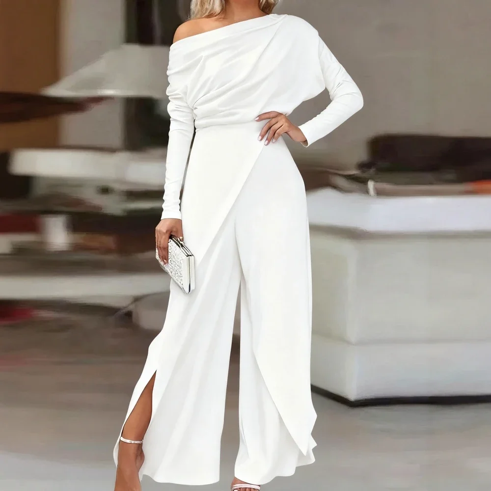 جمبسوت نسائي واسع الساق لخريف 2025 لون عادي أساسي وأكمام طويلة وكتف واحد وخط عنق كامل الطول سروال جمبسوت