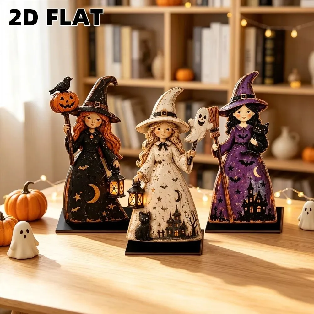 3Pcs 2D Flat Halloween Wooden Dog Signs Vintage Finish Stable Base Witch Ghost Tabletop Ornament Cartoon Autumn