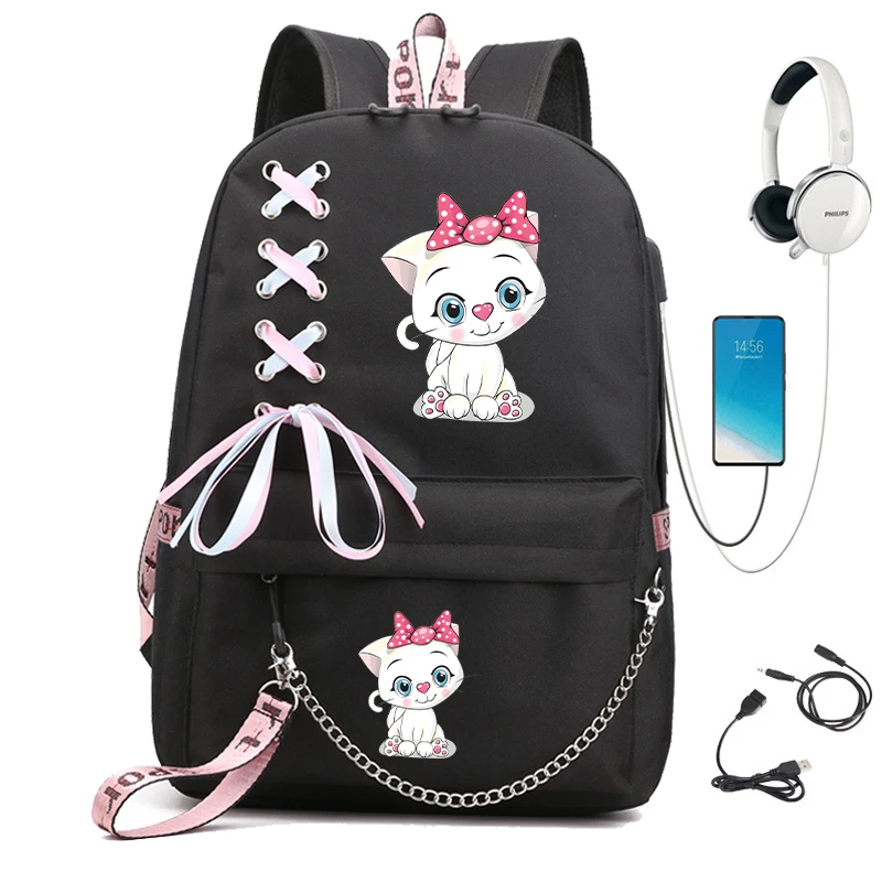 Students Backpack School Bag Back Pack Teenager Schoolbag Cartoon Cat Cute Kitten Boy Girls Backpack Canvas Usb Charging Bookbag