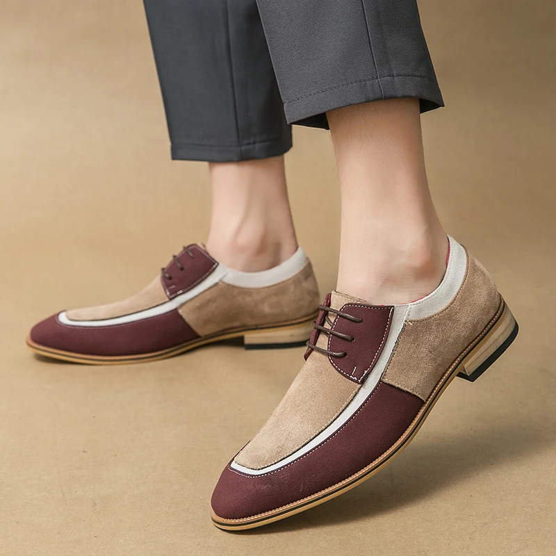 New Flock Derby Shoes for Men Square Toe Lace-up Mixed Colors Fashion Wooden Heel Sole Men Dress Shoes Size 38-48