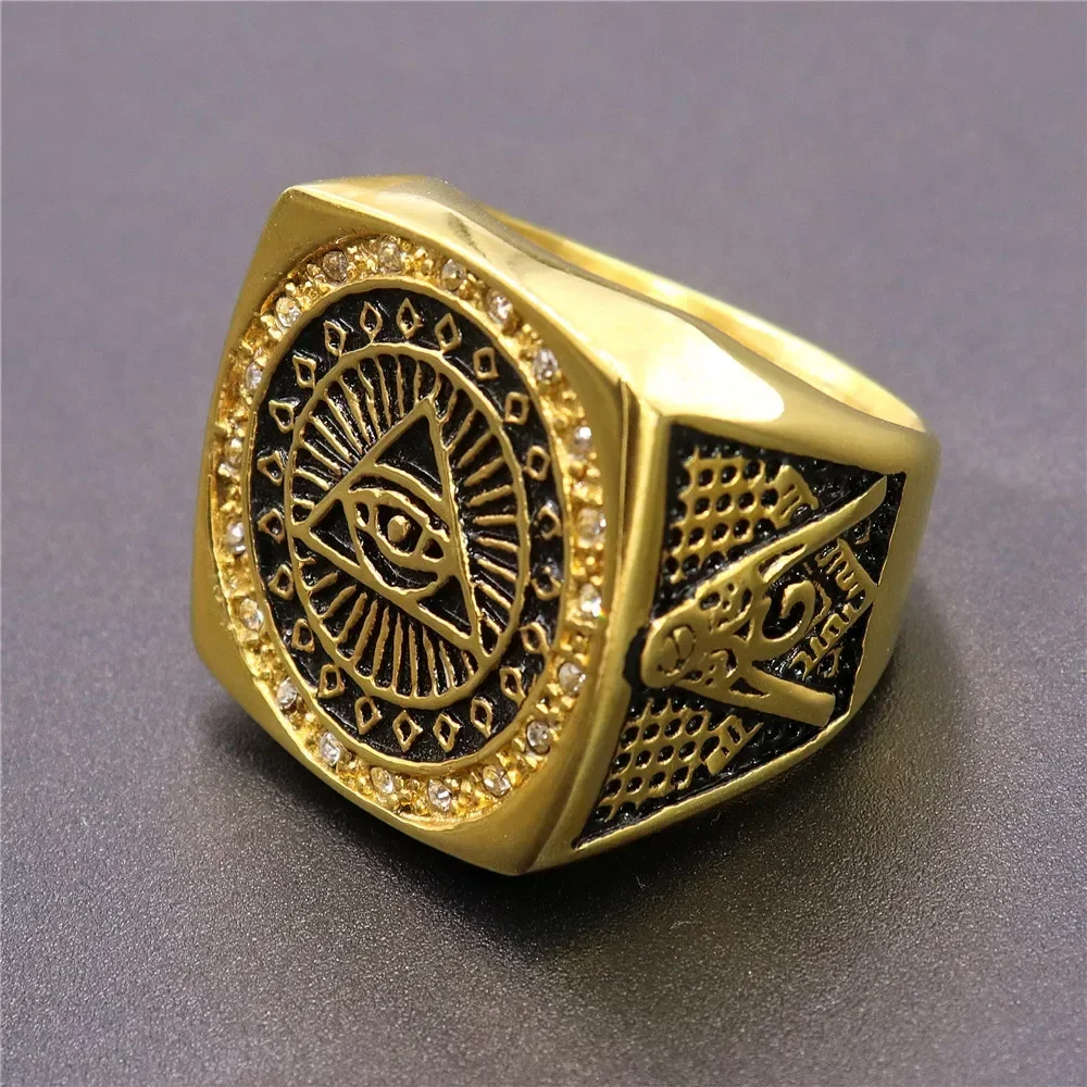 Gold Plated Mens Masonic Illuminati All Seeing Eye Square Rings Size 7-15 Accessories Jewelry