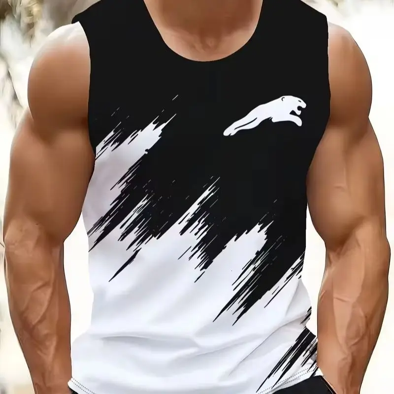 Modische schwarz-weiße minimalistische bedruckte ärmellose Herrenweste für Frühling und Sommer, atmungsaktive Fitness- und Freizeit-T-Shirts und Tanktops