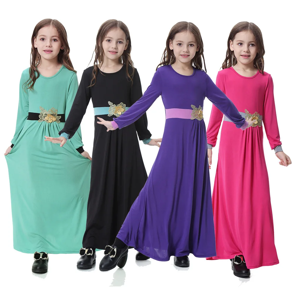 1 peça/lote, vestido longo casual de cor lisa, estilo muçulmano, para menina, abaya longa islâmica.