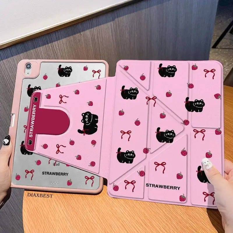 

Pink Strawberry Cat Y-shaped For iPad 11 Protective Case Three Fold 10.2 Pro Full Screen Star Air7/6 Rotating 10/9 Generation