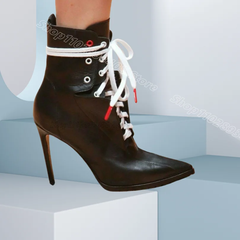 

Black Lace up Leather Ankle Boots Pointed Toe British Style Solid Party Dress New Stylish Women Boots 2025 Zapatos Para Mujere