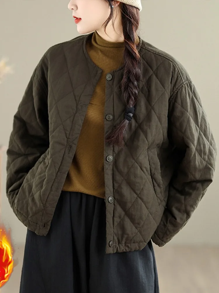 

Casual Thiened ort Cotton Jaet for Women Large Size Embroidered Diamond id round Ne Winter Coat Artistic Sle