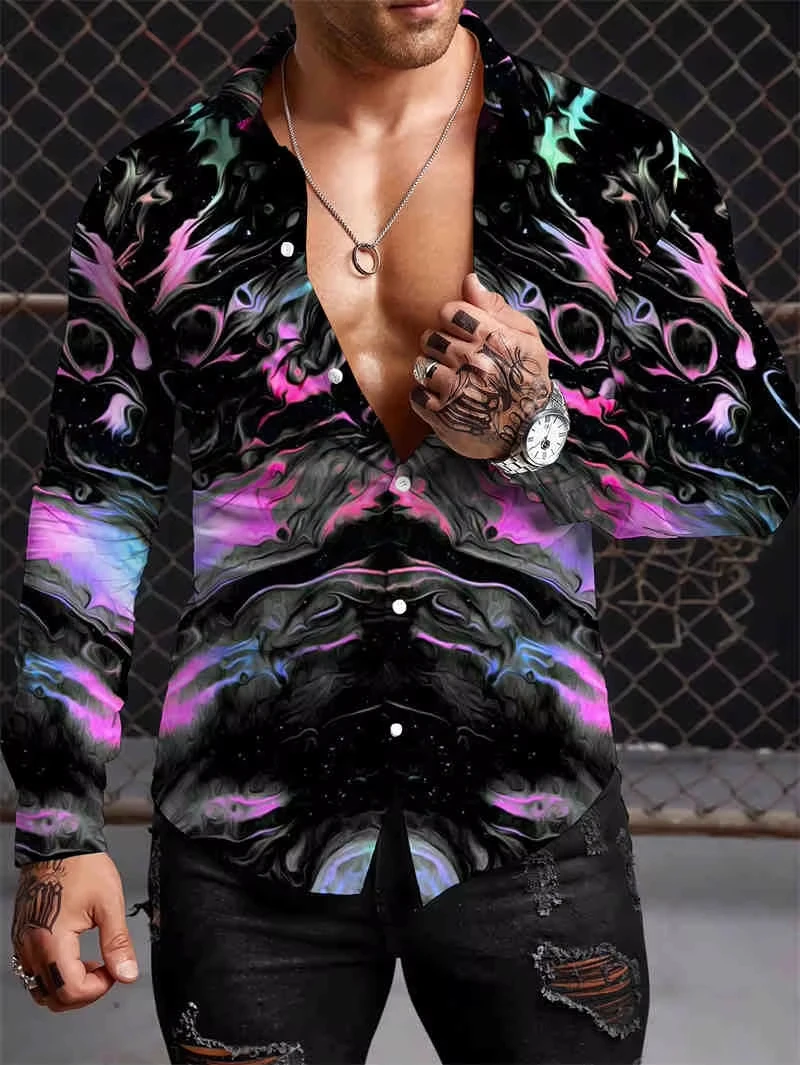 

Men's Colorblock Button Shirt Printed Long Sleeve Fashion Casual Holiday Party Street Spring and Summer Lapel Printed Shirt。