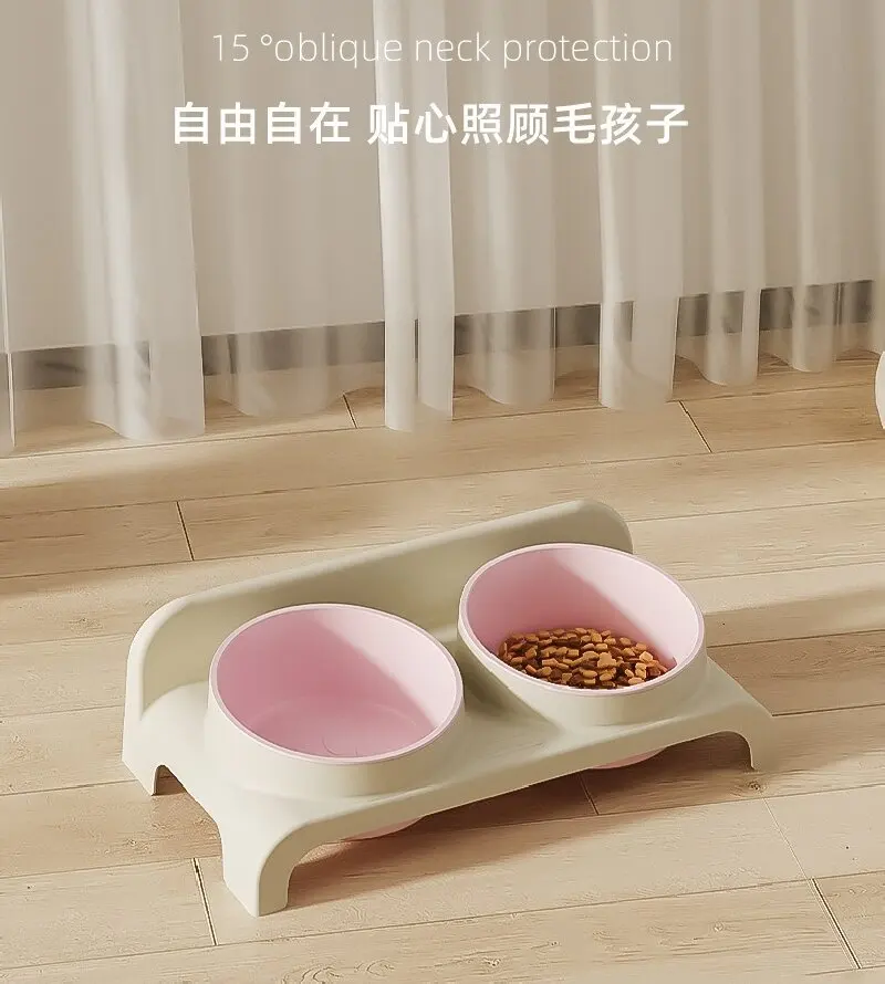 

Food Feeder Pet Cat Double Bowl Feeder Oblique Angle Height Protection Cats Dogs Drinker Water Bowls Plates Feeding Supplies