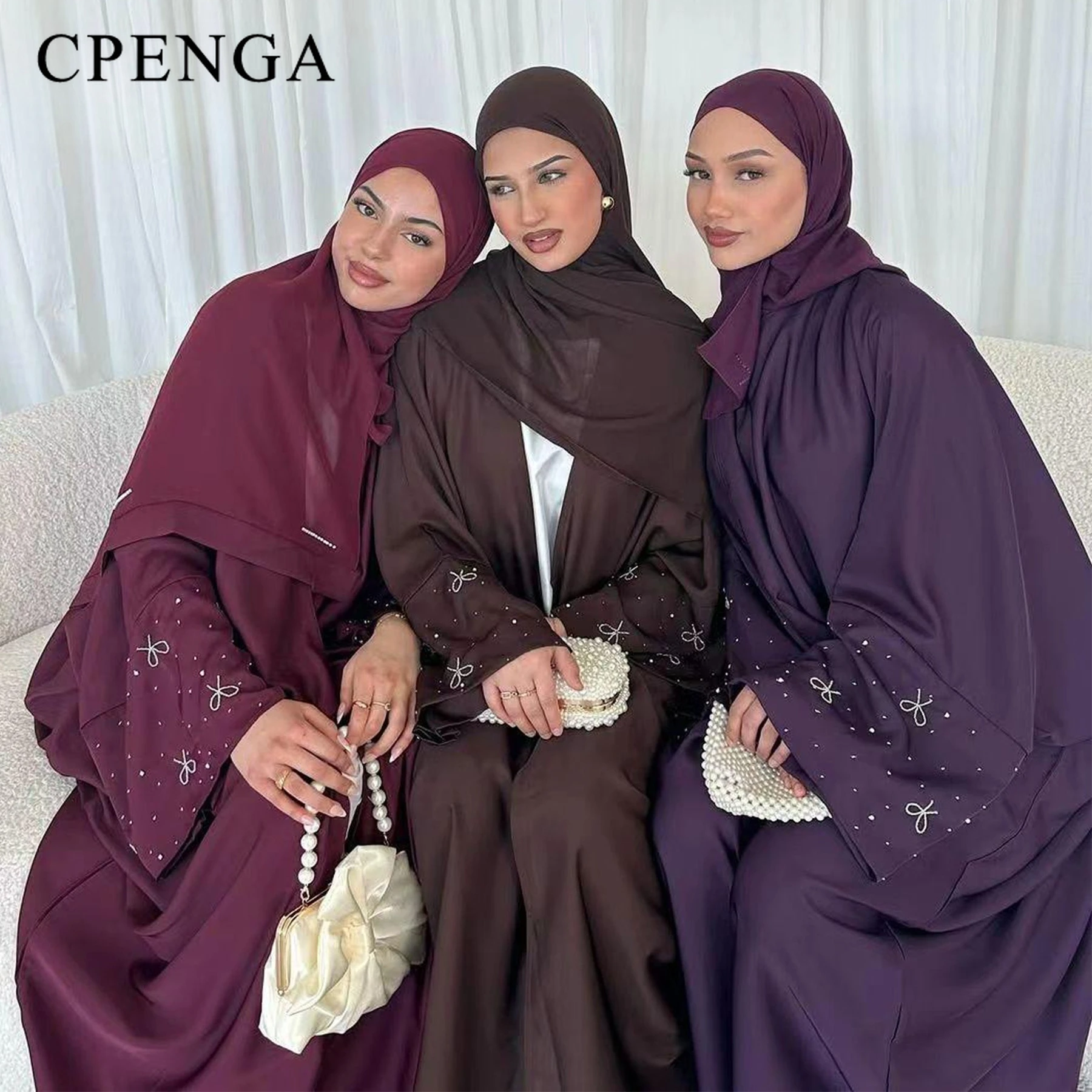 

Luxury Dubai Abaya with Beaded Bow Modest Dress for Muslim Women Elegant Open Front Cover Cardigan Fashion Plain Turkey Outfit