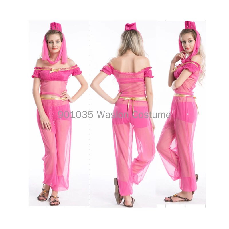 S-3XL Ladies Princess Jasmine Pink Belly Dancer India Arabian Fancy Dress Costume