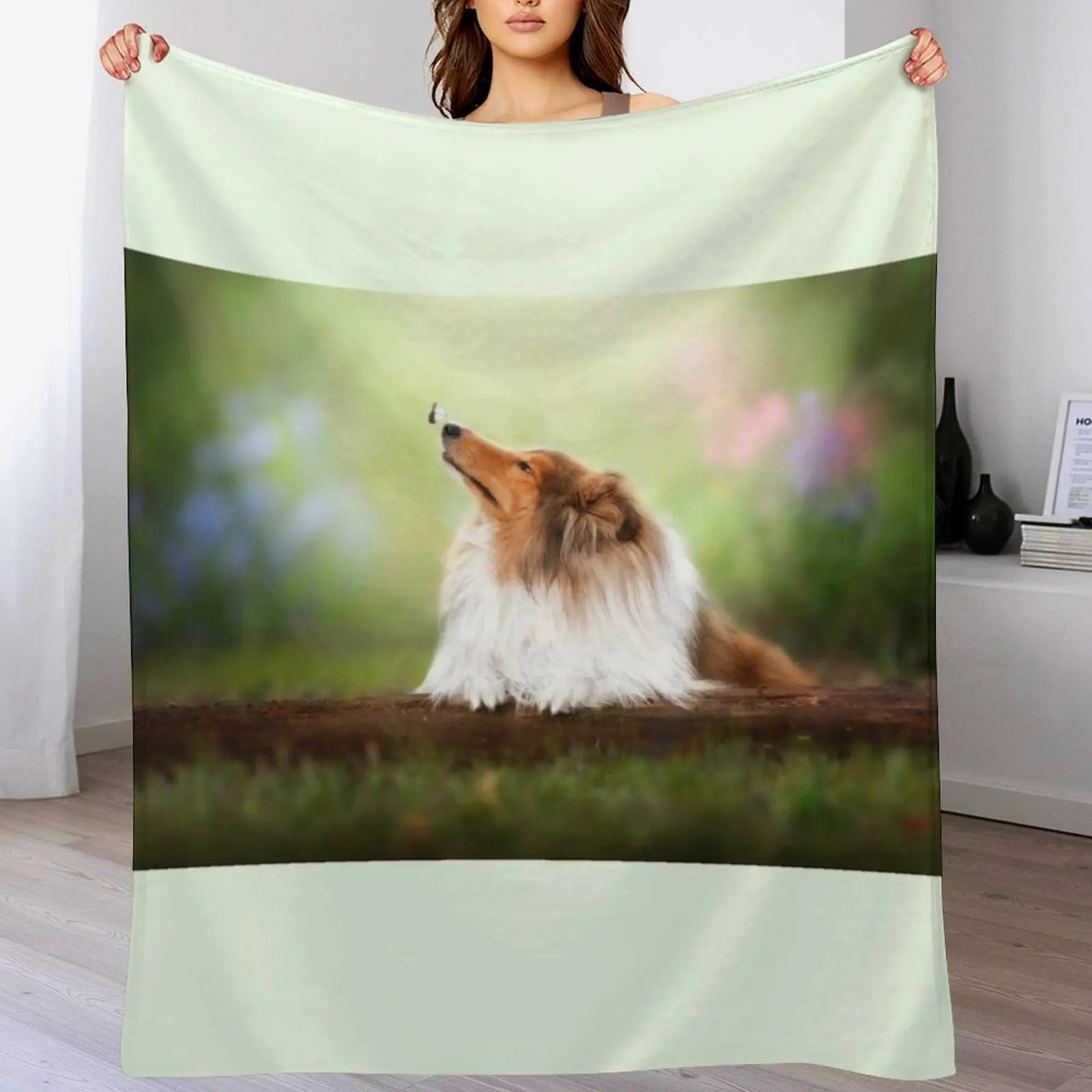 

Rough Collie dog relaxes in the garden Throw Blanket Plush Retros Shaggy Blankets