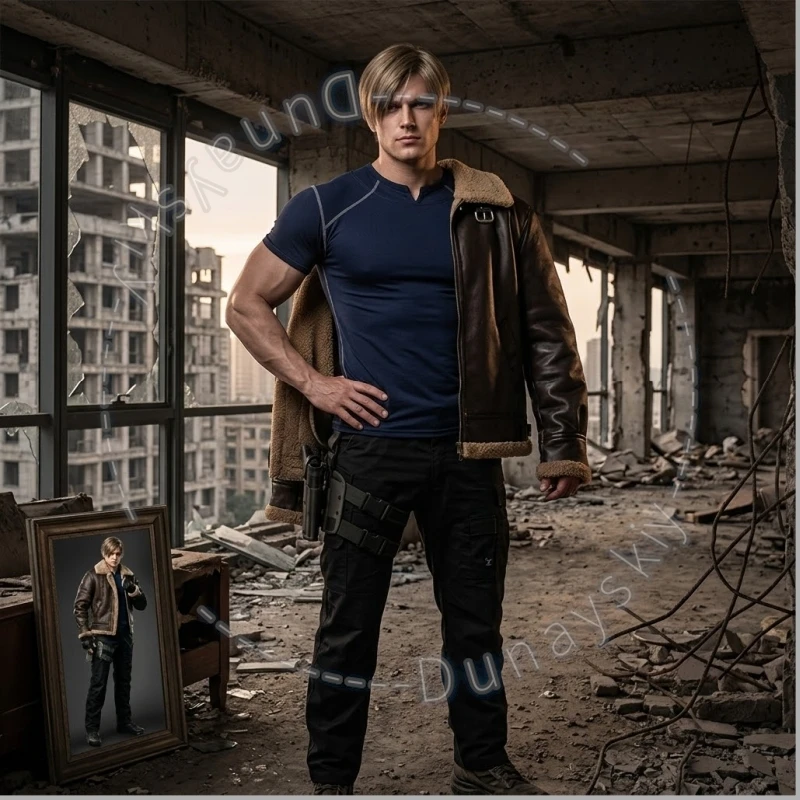 Disfraz de Cosplay de REE 4 Leon S. Kennedy, Camiseta de Manga Corta, Chaqueta de Cuero, Abrigo de Piel Sintética, Chaqueta Bomber Vintage con Cuello de Piel Sintética