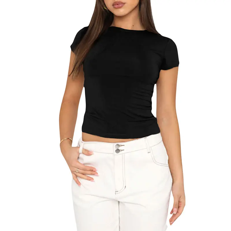 2025 New Women T-Shirt Solid Skinny Short Sleeve Casual Streetwear Simple Slim O Neck Pullovers Fit Top Tees image 2