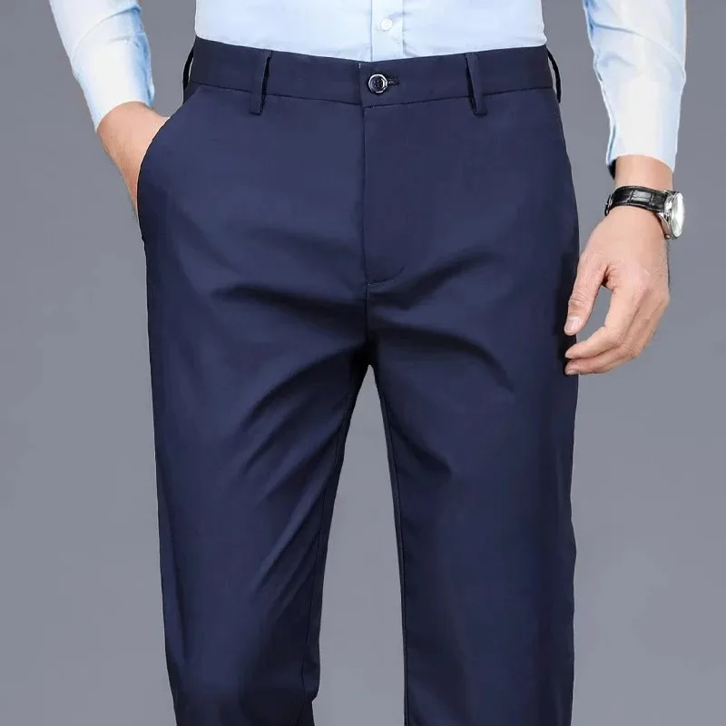 

Four Seasons Models Of Fashion Casual Men's Suit Pants Elastic Solid Color Button Pants Loose Straight Wrinkle Office Pants