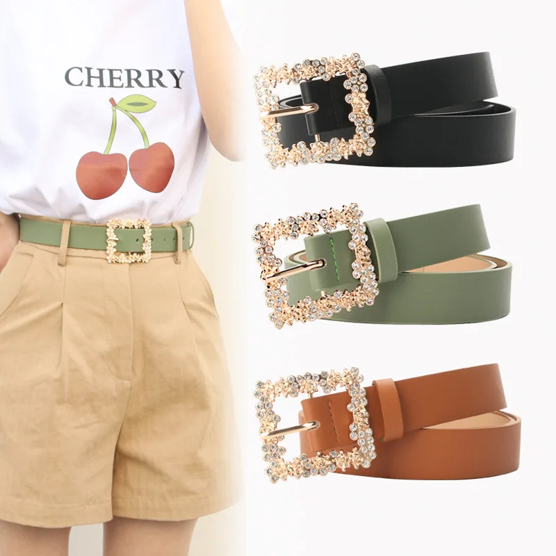 

Women's Belt Alloy Inlaid Rhinestone Pin Buckle with Dress Decorative Elegant Hundred Niche Pu Belt