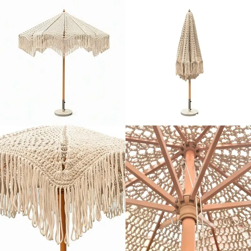 Factory wholesale custom lace cotton rope beach umbrella hand woven fringed outdoor garden parasol wooden pole