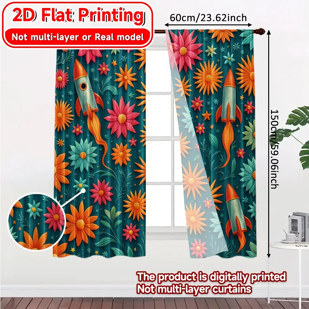 2D Flat Printing,2pcs New Year Rocket Chic Curtains&Drapes Durable Polyester Curtains Decorations For Home for Living Room,