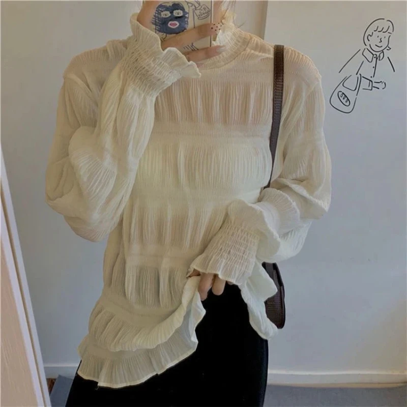 Casual Pleated Long Sleeve Solid Loose Tops Tees New Women Clothing All-match Korean T Shirts Spring Autumn Fashion Temperament