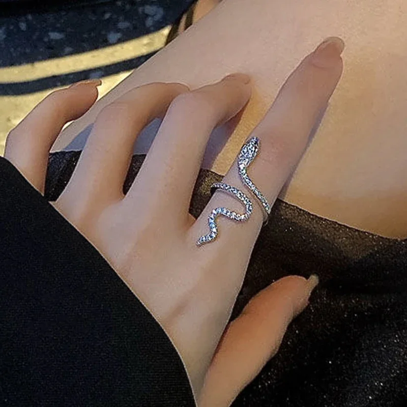 Huitan Silver Color Snake Ring for Women Bling Cubic Zirconia Trendy Finger Accessories Girls Rings Daily Wear Statement Jewelry