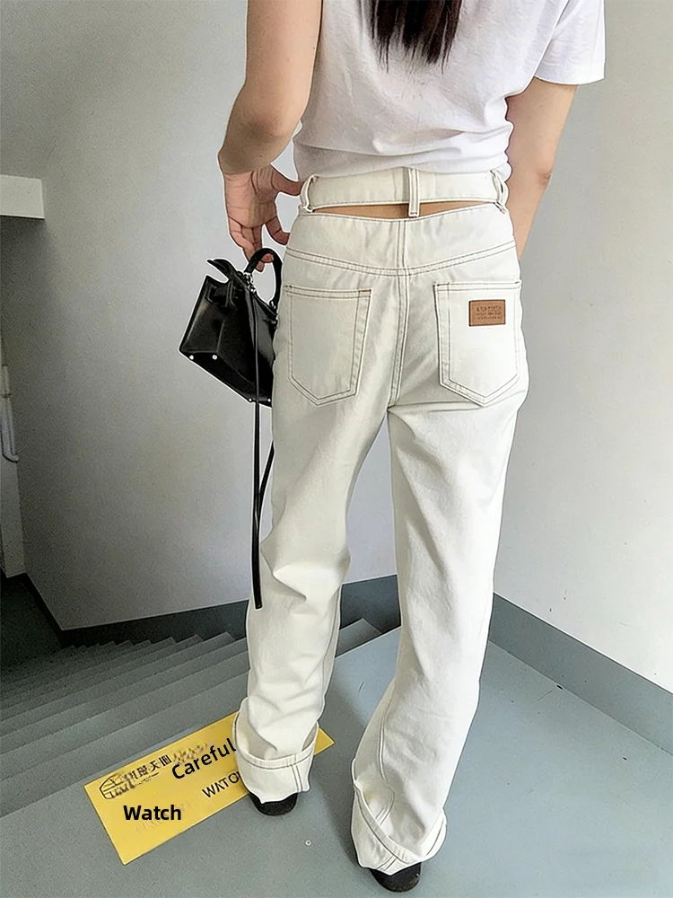 

plus Size American Hollow out Waist Design Straight Leg Jeans Women Spring New Loose Slimming Floor Length Pants