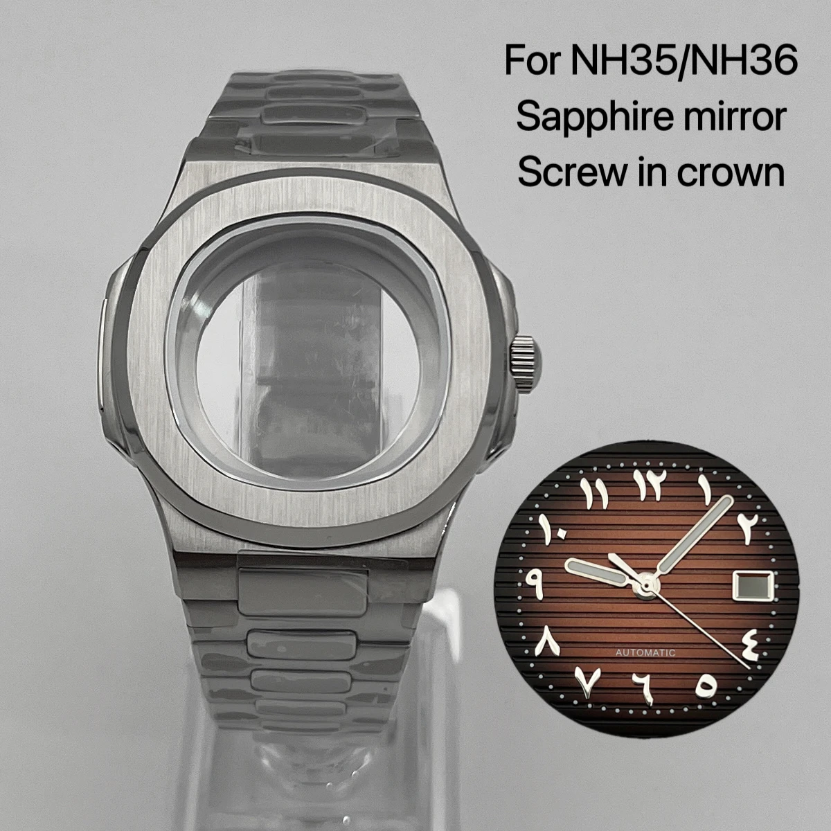 Silver NH35 case set, Arabic numeral dial, suitable for Seiko NH35 NH36 movement