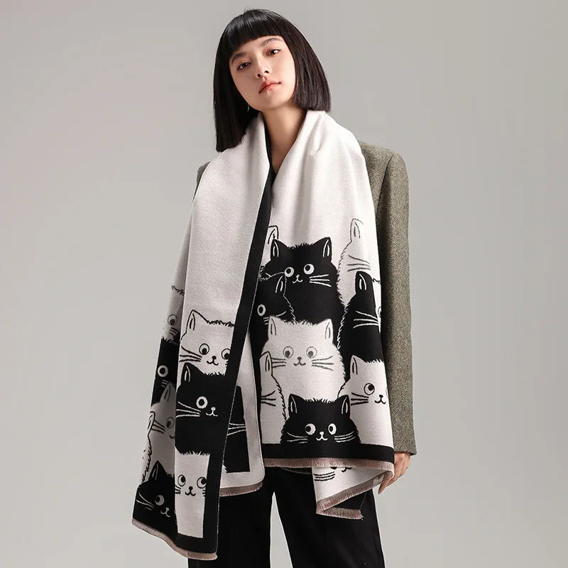 

2026 New Fashion Brand Cute Cat Ladies' Pashmina Cashmere Scarf Winter Warmth Shawl Coldproof Windproof Thick Blanket Scarf