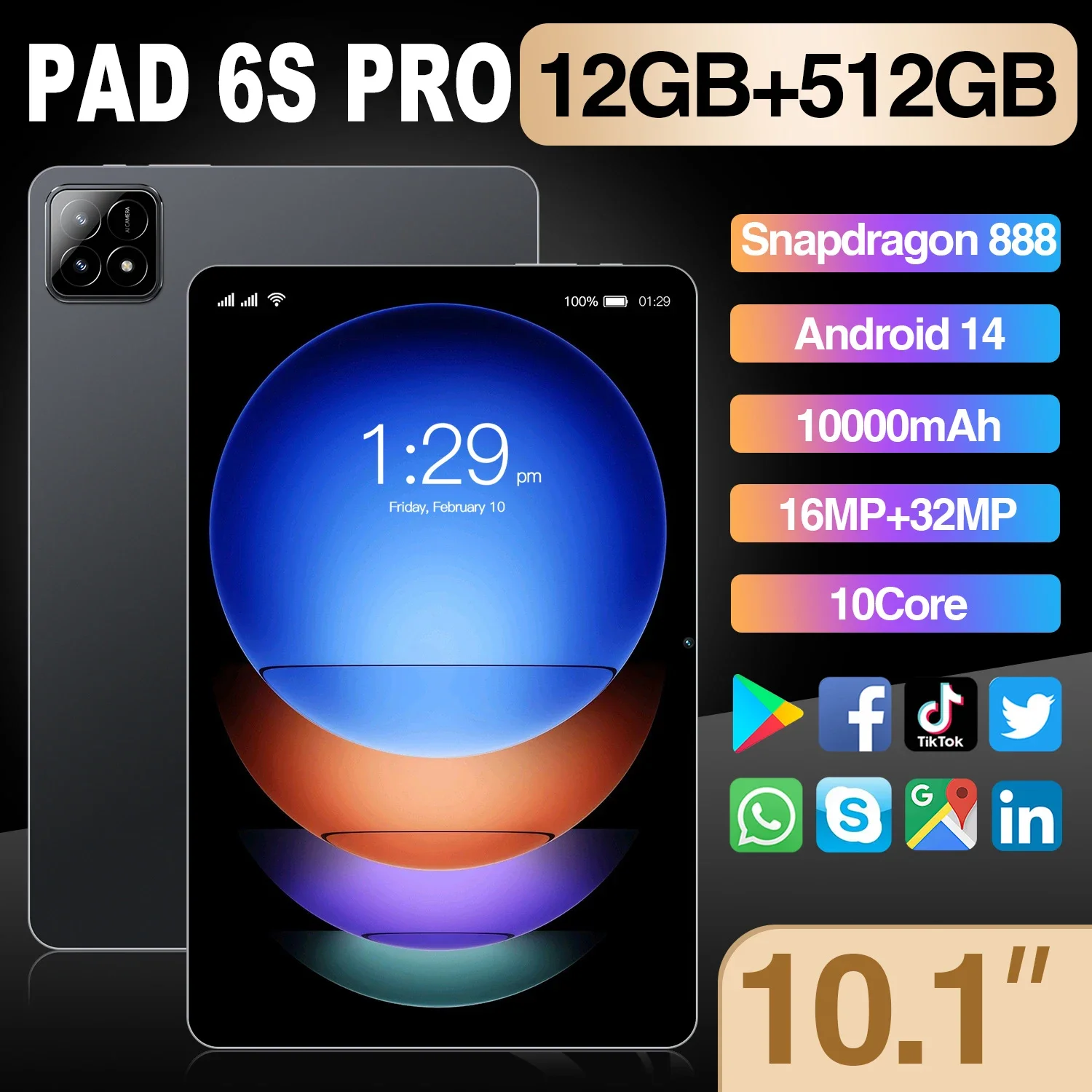 

Original Pad 6S Pro 10.1 Inch Tablet Android 14 Snapdragon 888 10000mAh 16GB 1TB Dual SIM 5G WiFi Mi Tab