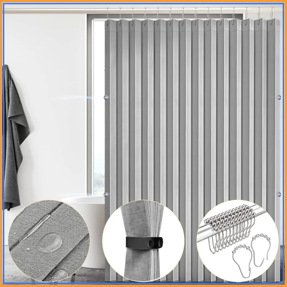 

72x72 Waterproof Shower Curtain with Magnets, No Liner Needed, Heavy Duty Fabric, Stainless Steel Hooks, Grey